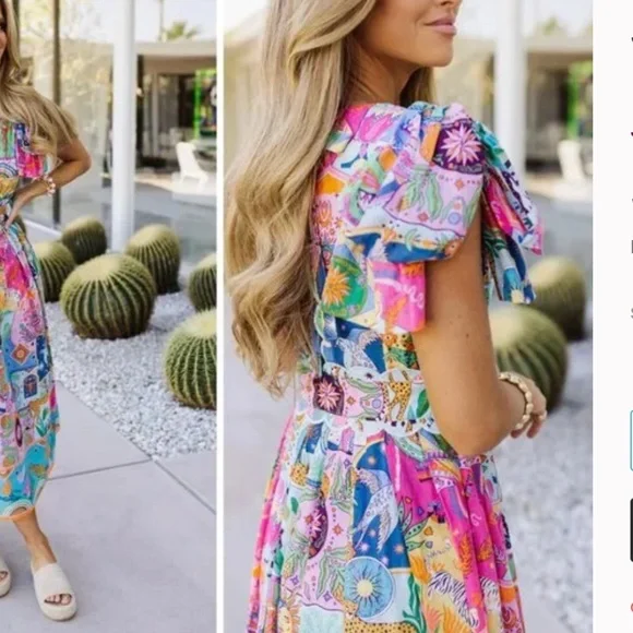 J. Marie The Sloane bow sleeve midi zodiac print sz XS nwt - Picture 3 of 7